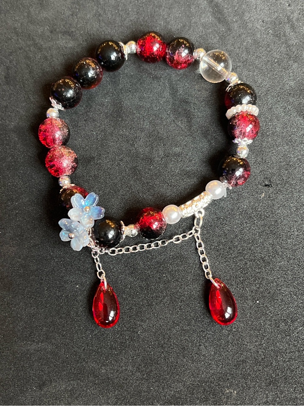 Red and Black Beaded Charm Bracelet with Crystal Drops